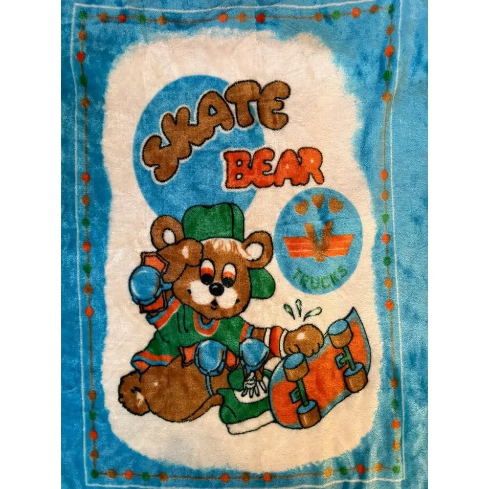 VTG Novatex Skate Bear Rare Minky Plush Blanket Teal Skateboarding Soft VHTF
